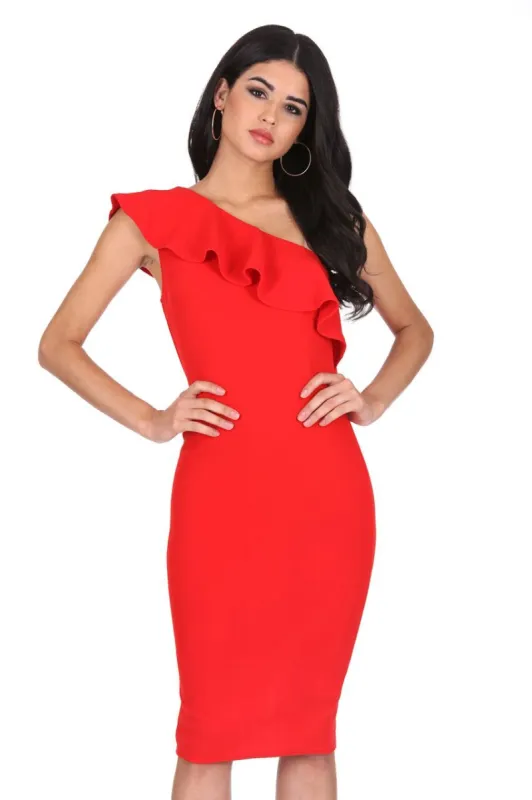 Red Asymmetric Frill Midi Dress sold by AX Paris