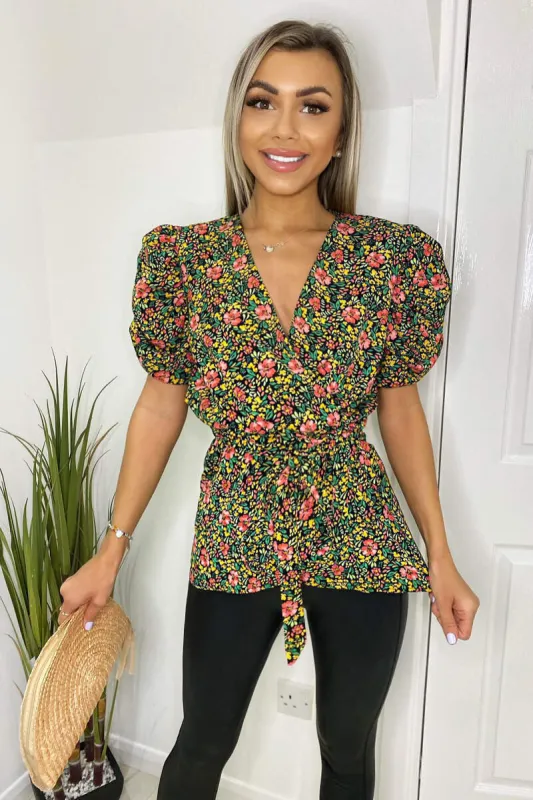 Floral Printed Ruffle Puff Sleeve Wrap Top sold by AX Paris