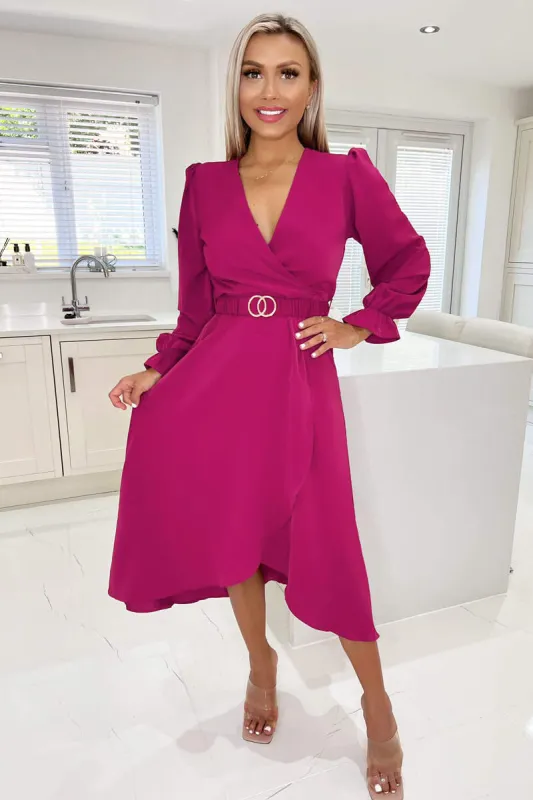 Magenta Long Sleeve Belted Midi Dress sold by AX Paris