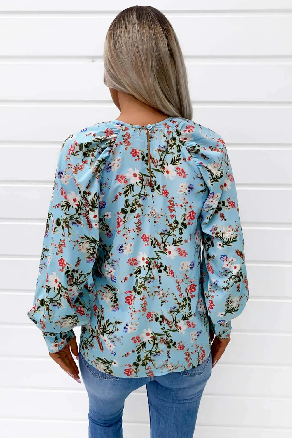 Blue Floral Print High Neck Wide Sleeve Top sold by AX Paris product image thumbnail 5