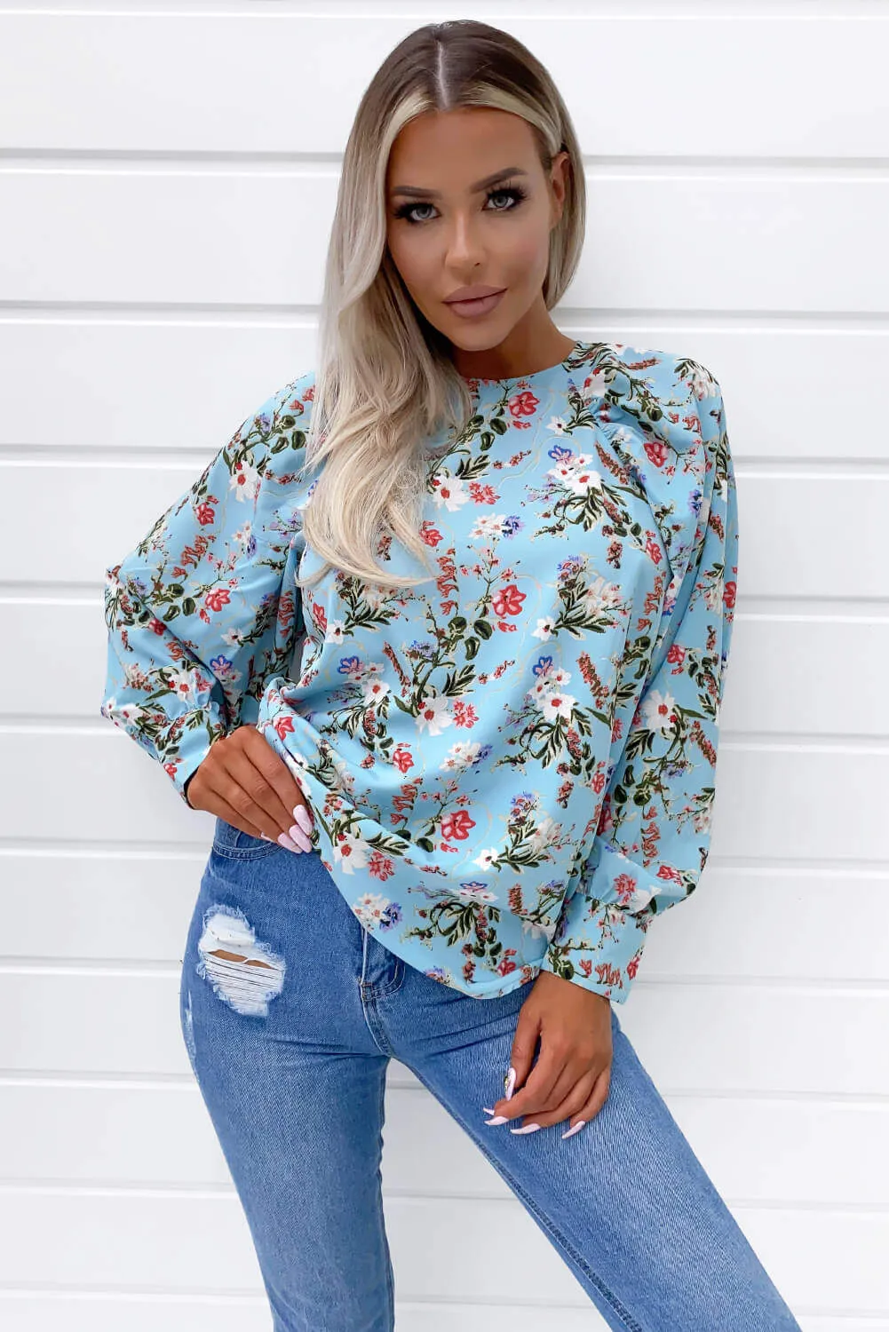 Blue Floral Print High Neck Wide Sleeve Top sold by AX Paris product image thumbnail 2