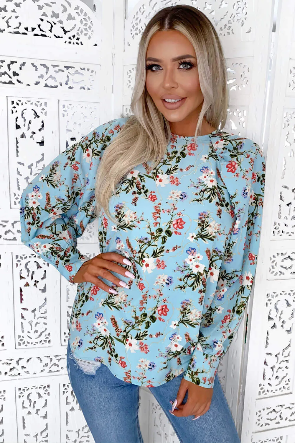 Blue Floral Print High Neck Wide Sleeve Top sold by AX Paris product image thumbnail 4