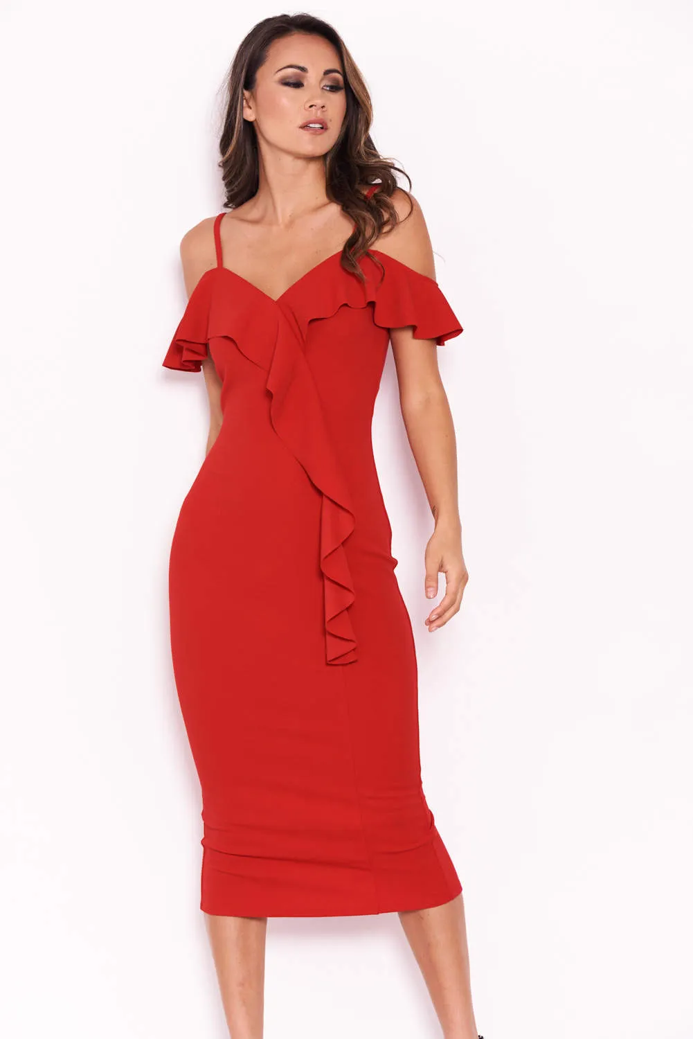 Red Midi Dress With Frill Detail sold by AX Paris product image thumbnail 4