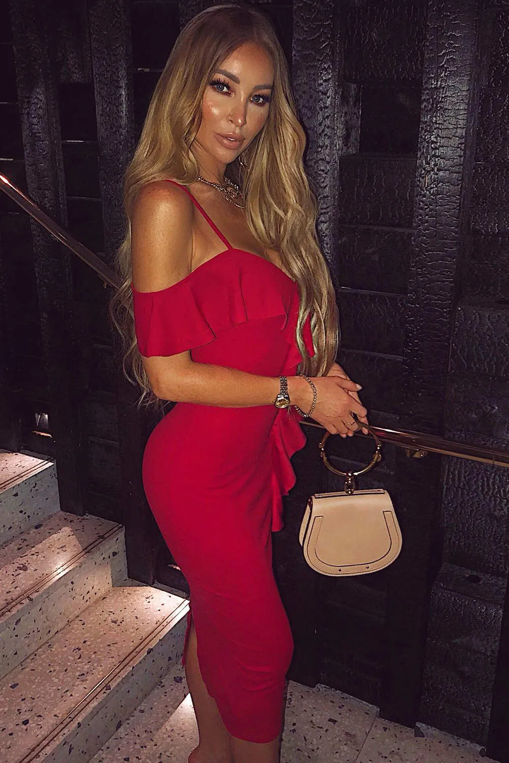 Red Midi Dress With Frill Detail sold by AX Paris