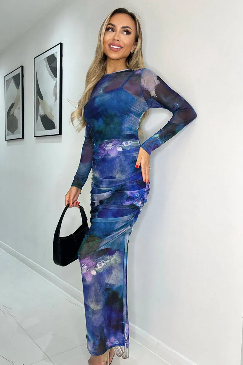 Blue Printed Mesh Overlay Long Sleeve Bodycon Midi Dress sold by AX Paris product image thumbnail 4