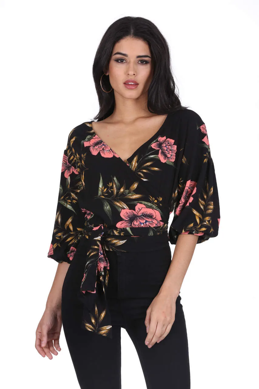 Black Floral Wrap Top sold by AX Paris