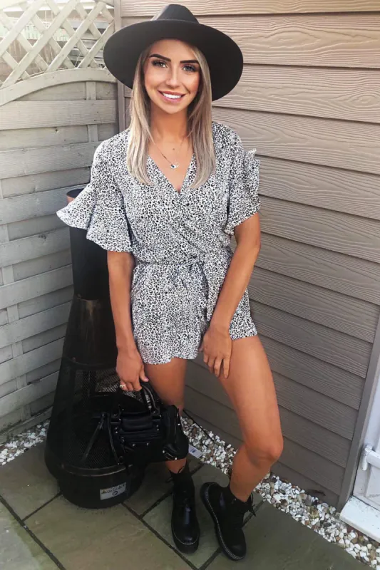 Cream Printed Wrap Frill Playsuit With Tie Belt sold by AX Paris