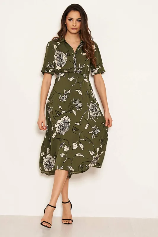 Khaki Printed Shirt Midi Dress sold by AX Paris