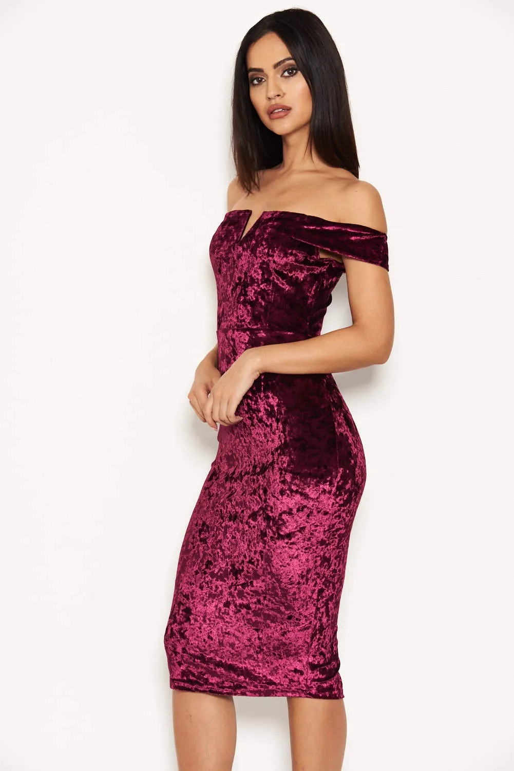 Plum Velvet Off The Shoulder Bardot Dress sold by AX Paris product image thumbnail 5