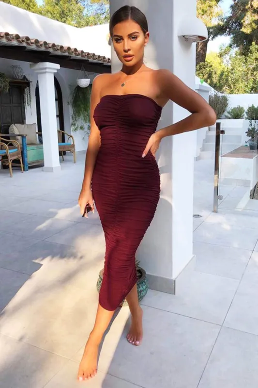 Plum Strapless Ruched Bodycon Midi Dress sold by AX Paris