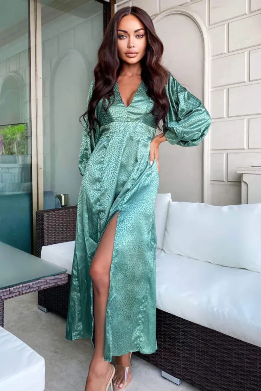 Duck Egg Satin Printed Maxi Dress with Front Splits sold by AX Paris