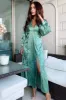Duck Egg Satin Printed Maxi Dress with Front Splits sold by AX Paris