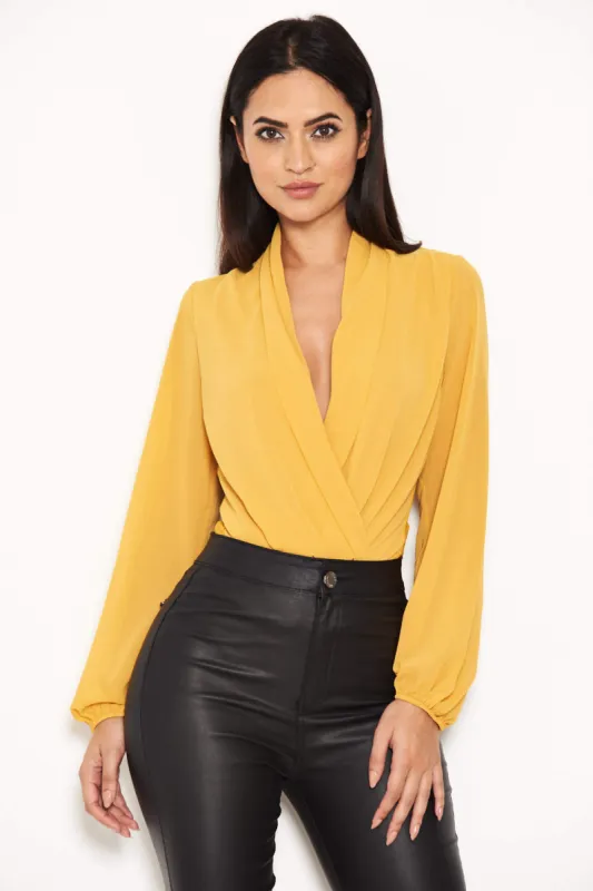 Mustard Mesh Detail Sleeved Bodysuit sold by AX Paris