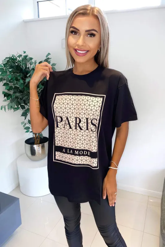 Black Paris Printed Oversized T-Shirt sold by AX Paris