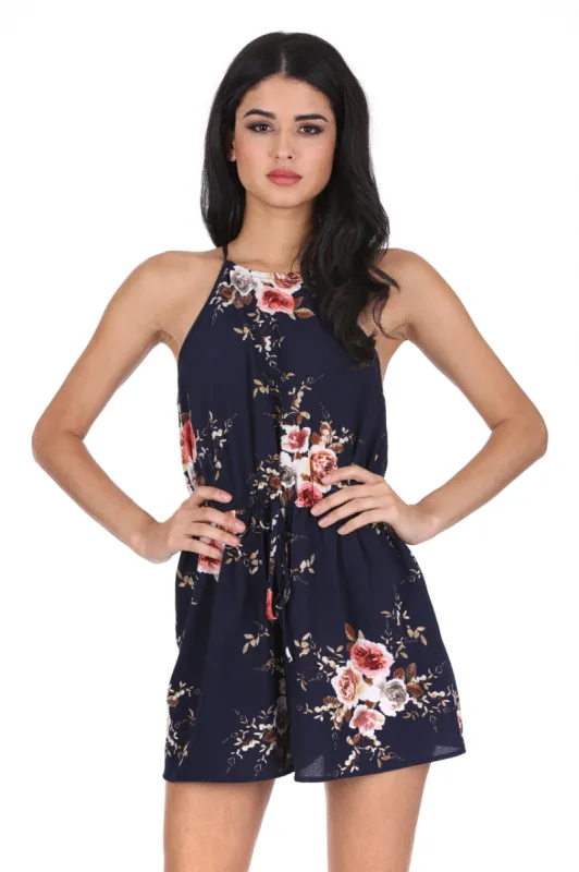 Navy Floral High Neck Playsuit sold by AX Paris