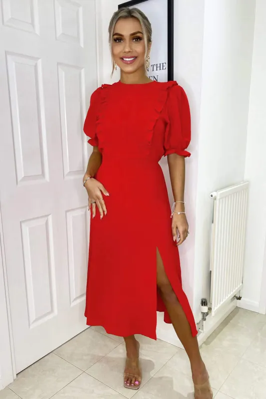 Red Ruffle Split Leg Midi Dress sold by AX Paris