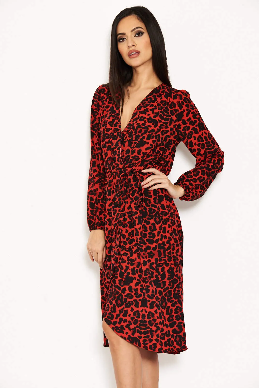 Red Leopard Print V-Neck Wrap Dress sold by AX Paris product image thumbnail 4