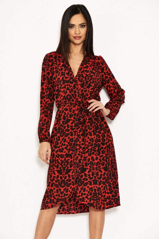 Red Leopard Print V-Neck Wrap Dress sold by AX Paris