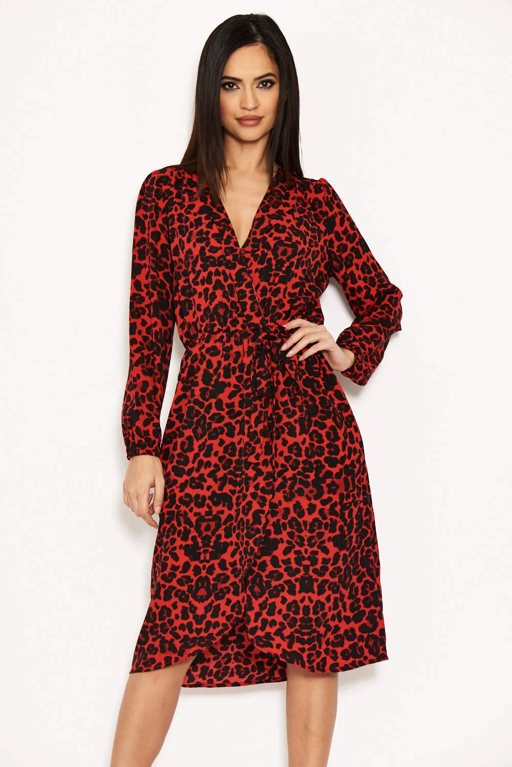 Red Leopard Print V-Neck Wrap Dress sold by AX Paris