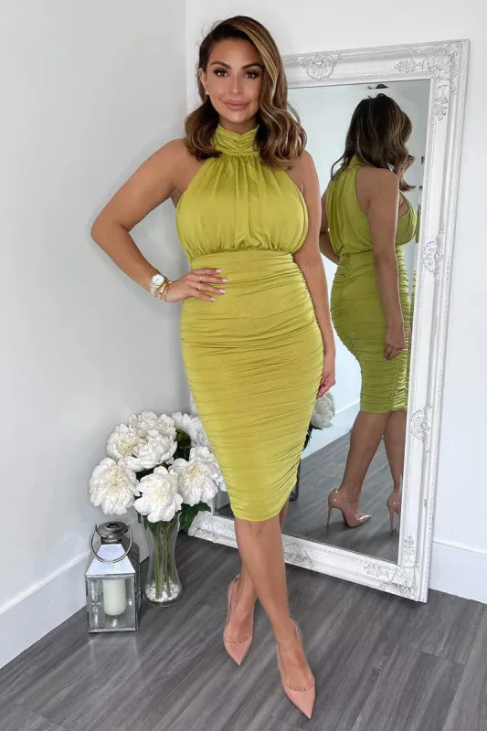 Lime Ruched High Neck Midi Dress sold by AX Paris
