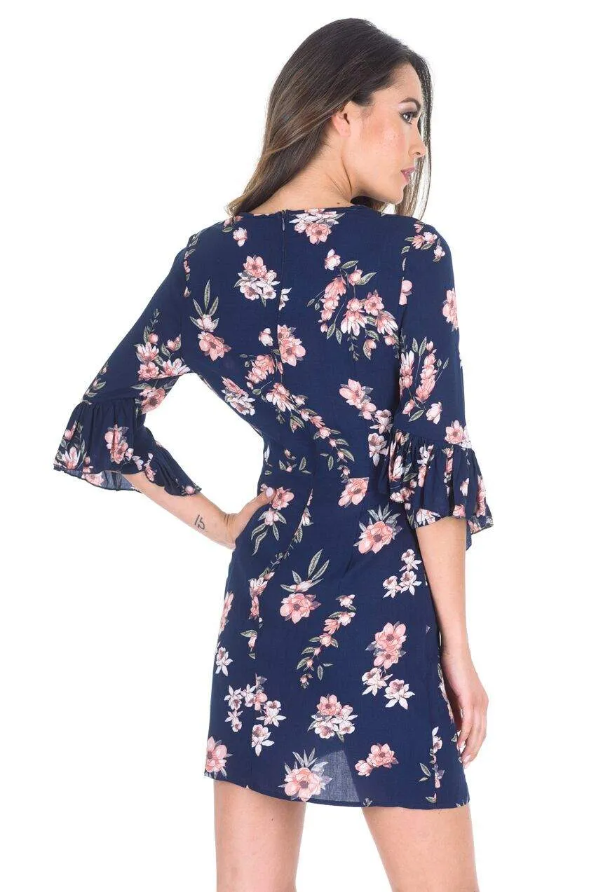 Navy Floral Skater Dress With V-Front Frill sold by AX Paris product image thumbnail 3