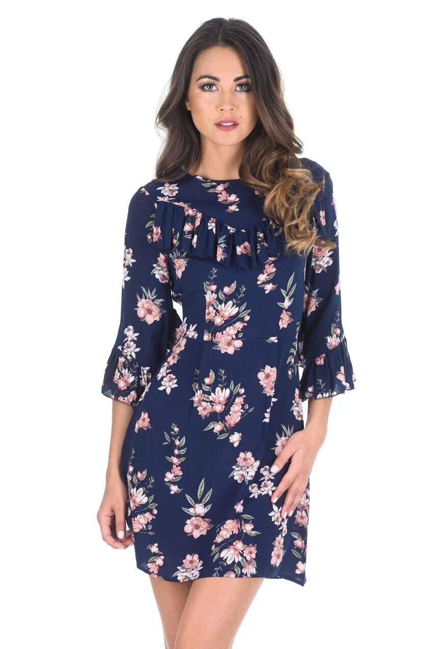 Navy Floral Skater Dress With V-Front Frill sold by AX Paris