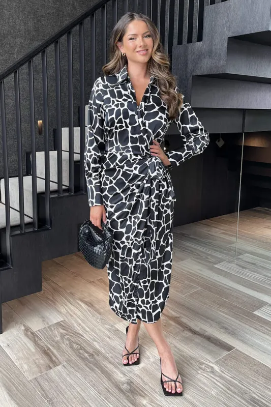 Black And White Giraffe Print Side Tie Waist Wrap Midi Dress sold by AX Paris