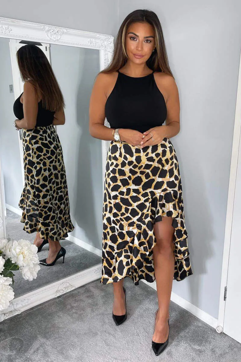 Black Animal Print 2 in 1 Dipped Hem Midi Dress sold by AX Paris