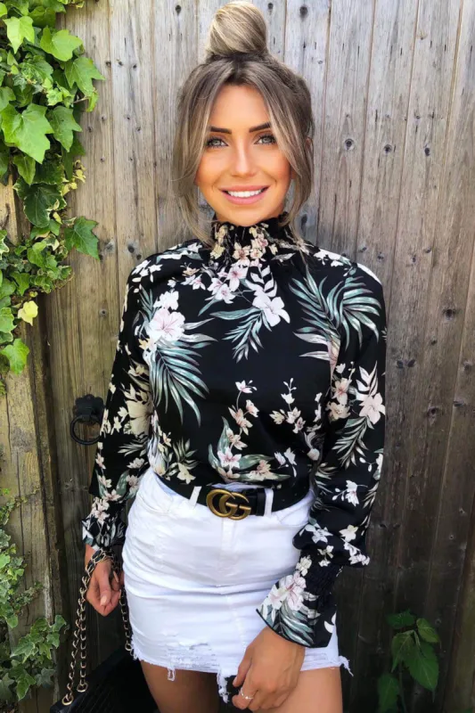 Black High Neck Floral Top sold by AX Paris