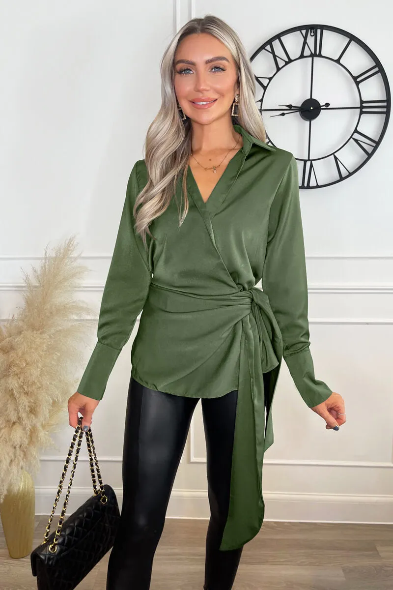 Olive Satin Tie Waist Wrap Shirt sold by AX Paris