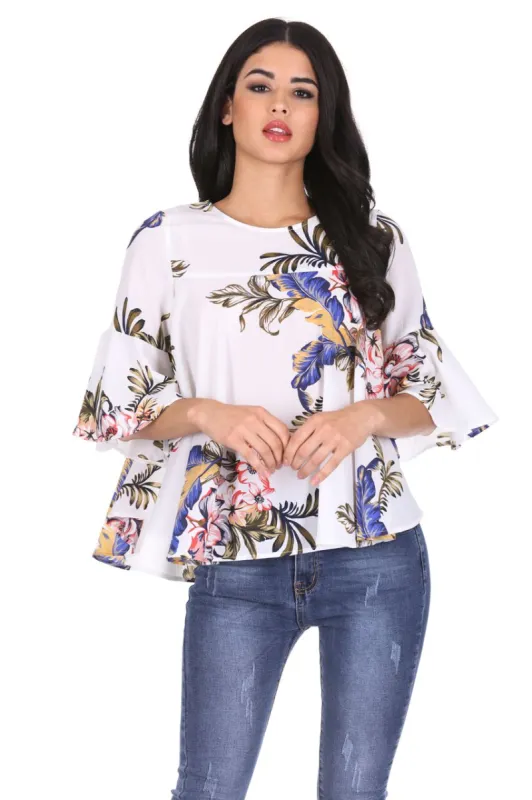 Cream Floral Flared Sleeves Top sold by AX Paris