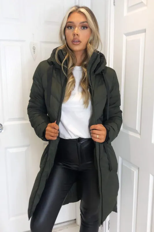Khaki Hooded Long Line Puffer Coat sold by AX Paris