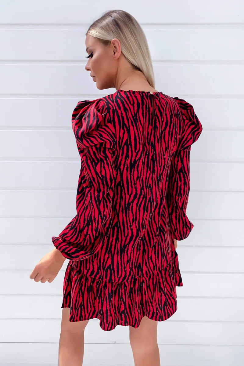 Red Printed Puff Sleeve Frill Shift Dress sold by AX Paris product image thumbnail 4
