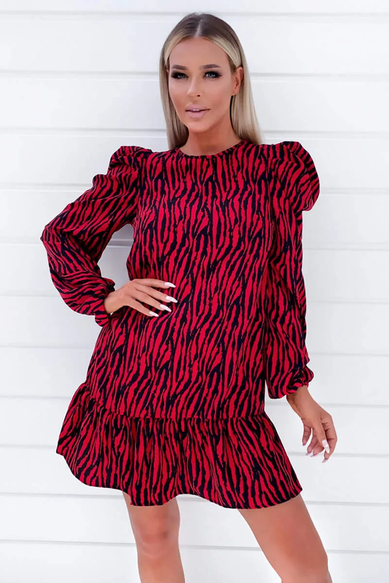 Red Printed Puff Sleeve Frill Shift Dress sold by AX Paris