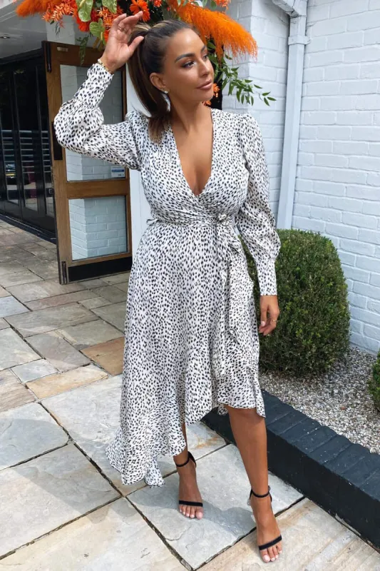 Cream Printed Asymmetric Hem Midi Dress sold by AX Paris