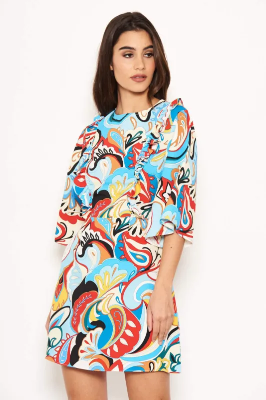 Blue Printed Frill Front Dress sold by AX Paris