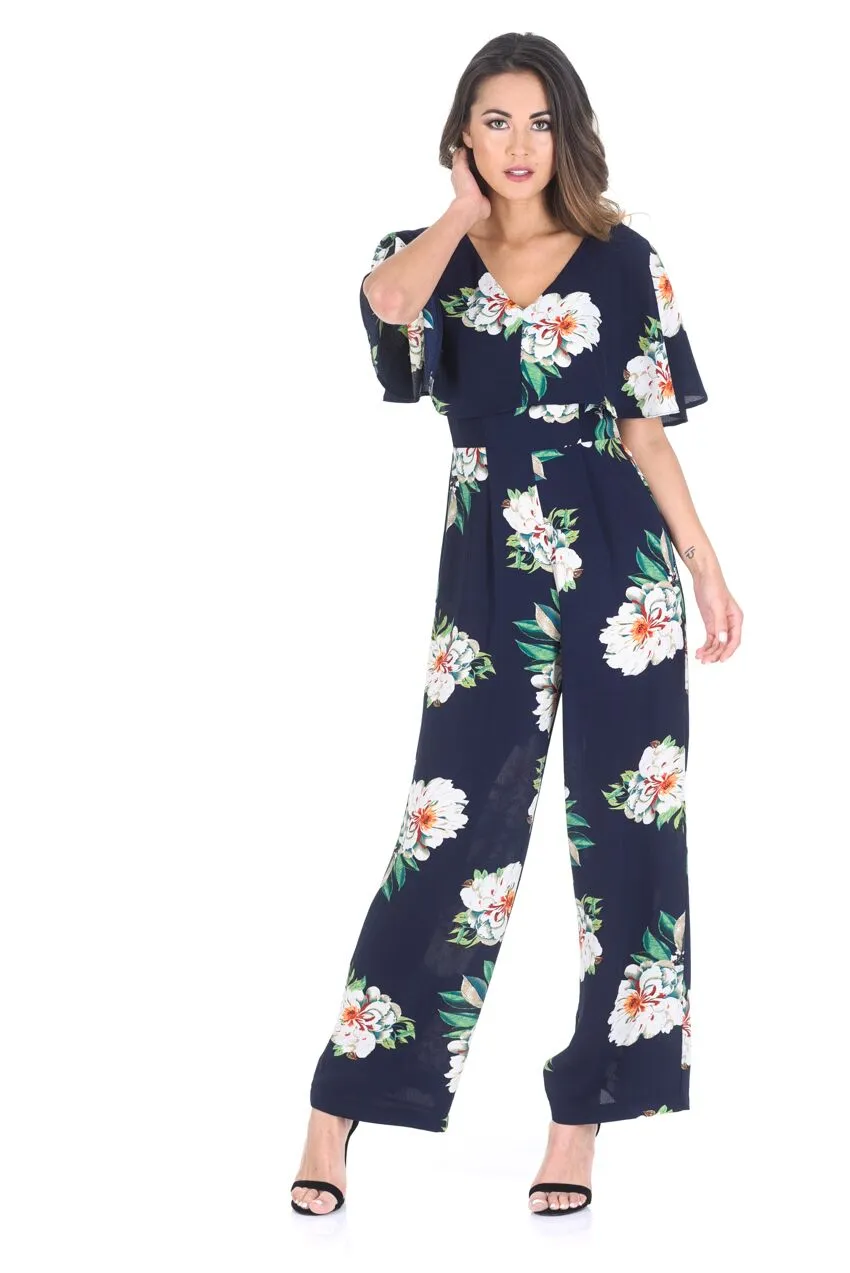 Navy Floral Culotte Jumpsuit With Cape Detail sold by AX Paris