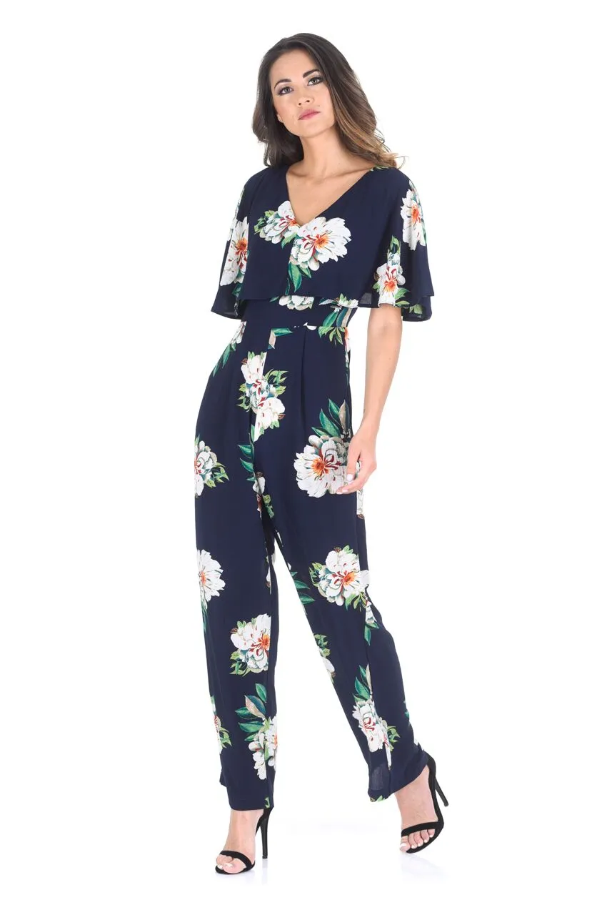 Navy Floral Culotte Jumpsuit With Cape Detail sold by AX Paris product image thumbnail 2