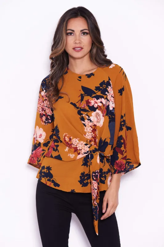 Mustard Floral Flared Sleeve Top sold by AX Paris