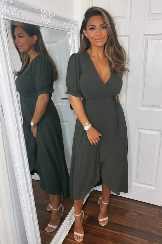 Olive Wrap Side Tie Midi Dress sold by AX Paris
