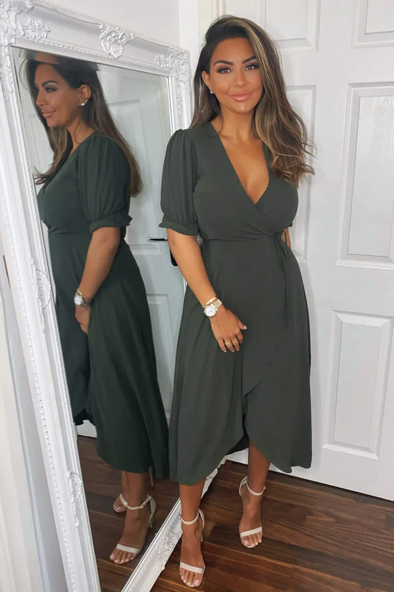 Olive Wrap Side Tie Midi Dress sold by AX Paris