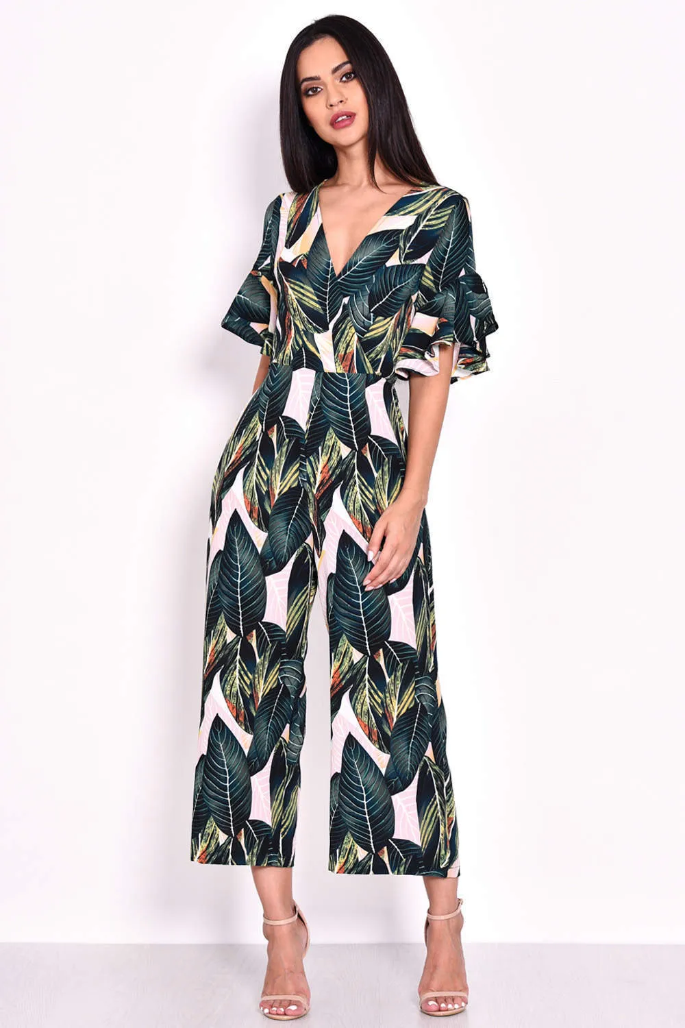 Leaf Printed Frill Detail Wrap Front Jumpsuit sold by AX Paris