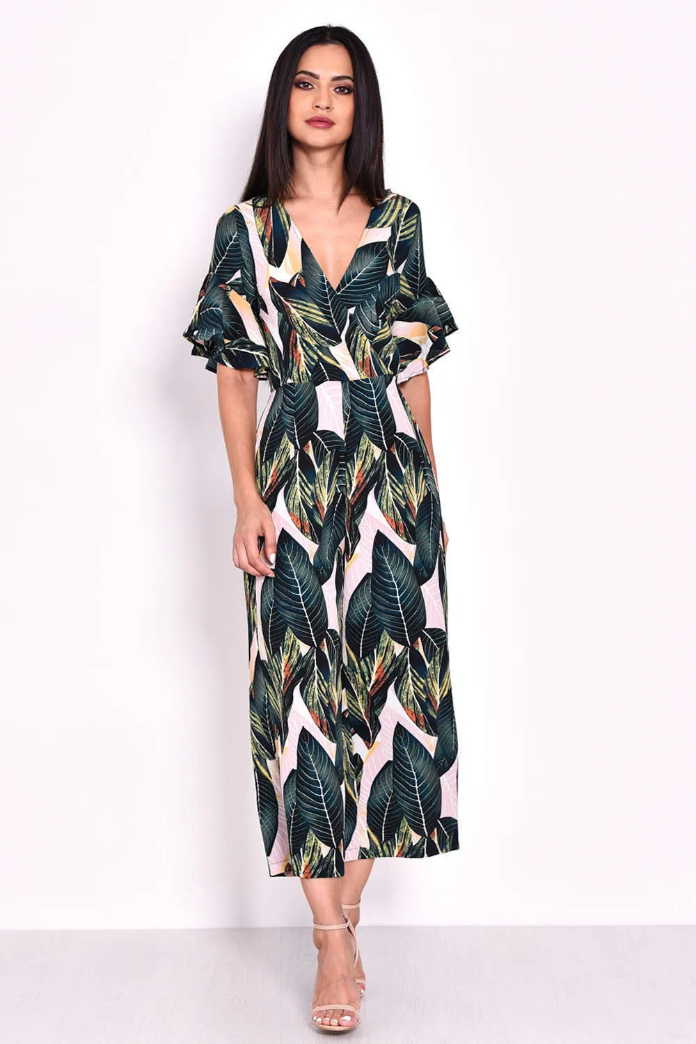 Leaf Printed Frill Detail Wrap Front Jumpsuit sold by AX Paris product image thumbnail 2