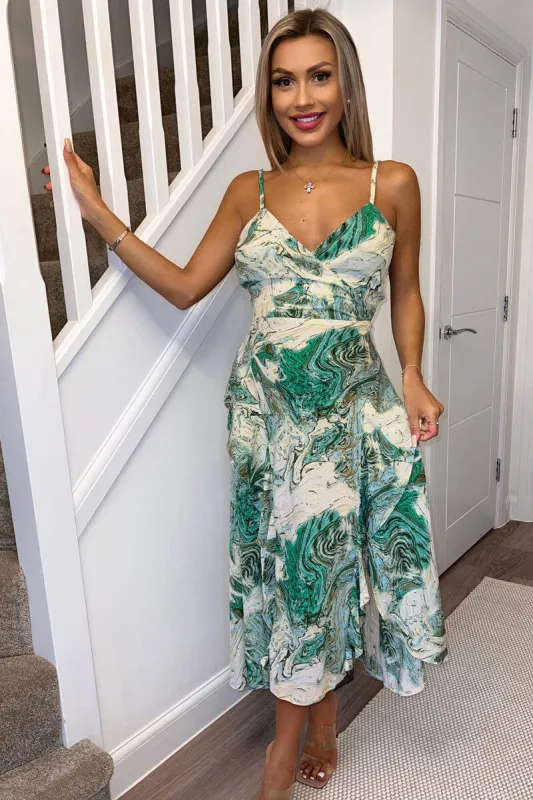 Green Marble Print Double Frill Strappy Midi Dress sold by AX Paris