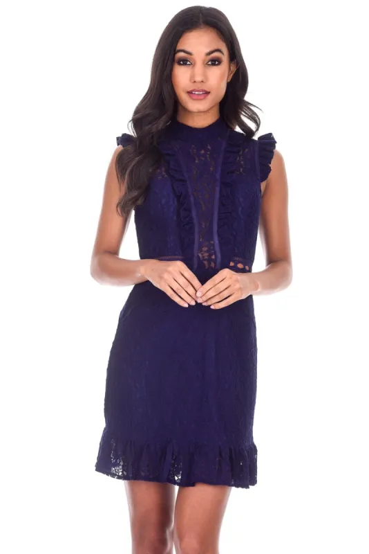 Navy Lace Frill Detail Dress sold by AX Paris