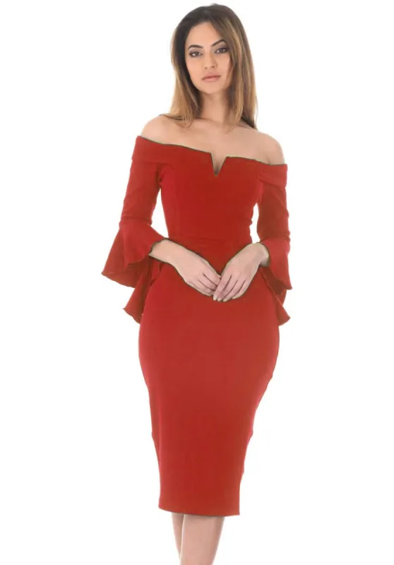 Red Notch Front Frill Sleeve Midi Dress sold by AX Paris