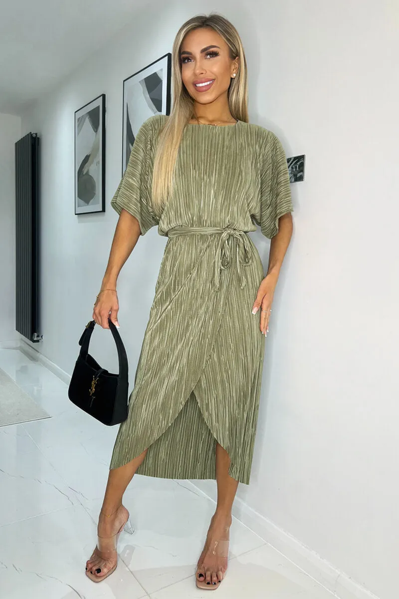 Light Khaki Short Sleeve Tie Waist Plisse Midi Dress sold by AX Paris product image thumbnail 3