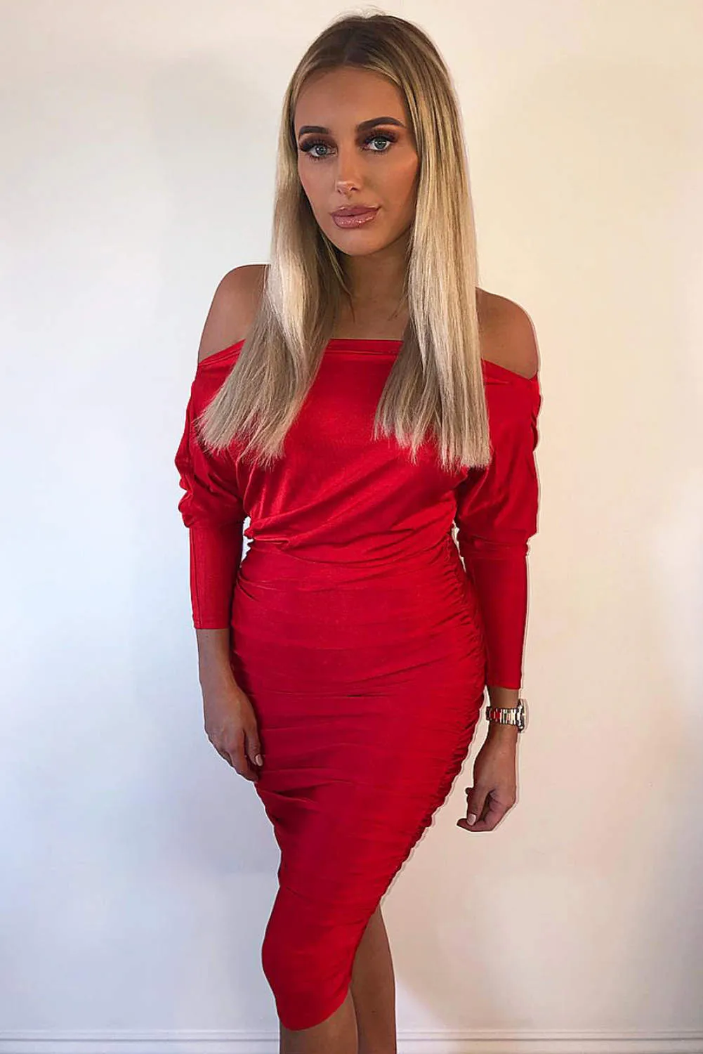 Red Boat Neck Dress With Ruched Detail sold by AX Paris