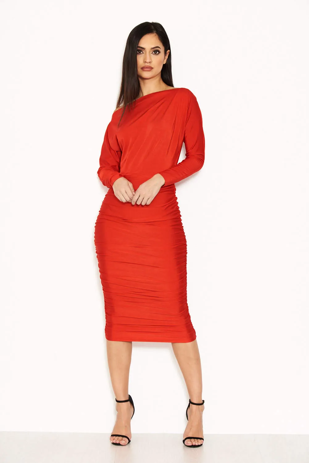 Red Boat Neck Dress With Ruched Detail sold by AX Paris product image thumbnail 2