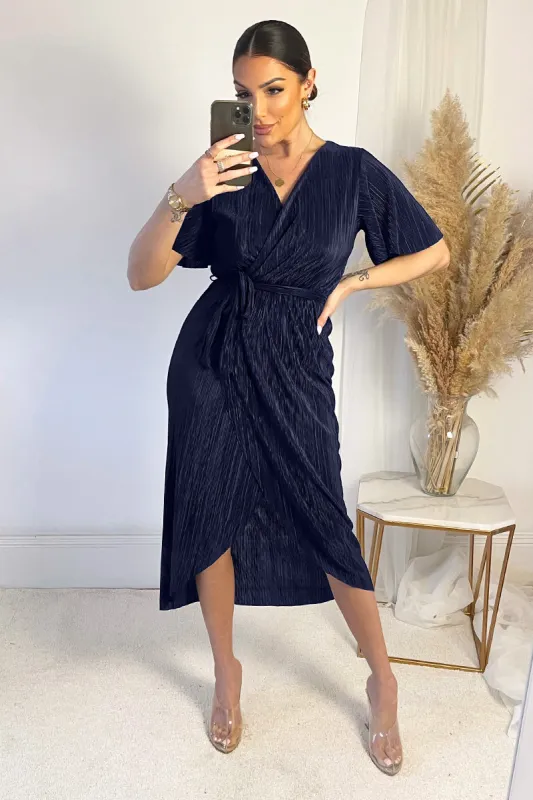 Navy Wrap Top Belted Short Sleeve Plisse Midi Dress sold by AX Paris